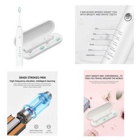 Sonic Electric Toothbrush White USB Wireless Charging Smart 5 Modes 2 Heads Case