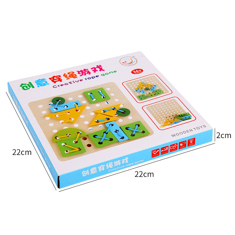 Fun Geometry Blocks Wooden Thread Board Jigsaw Toy Lacing Up