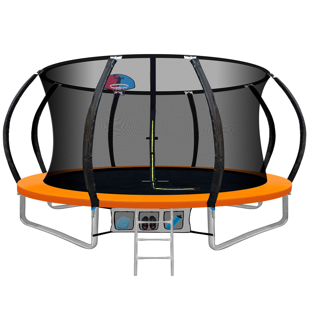 Everfit 12FT Trampoline Round Trampolines With Basketball Hoop Kids Enclosure Safety Net Pad Outdoor Orange