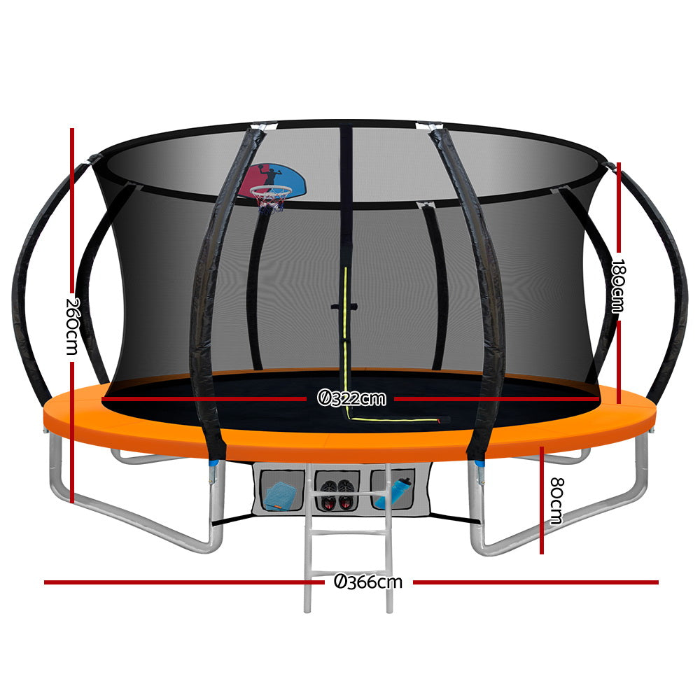 Everfit 12FT Trampoline Round Trampolines With Basketball Hoop Kids Enclosure Safety Net Pad Outdoor Orange