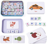 Magnetic Letters and Numbers education tin with flashcards