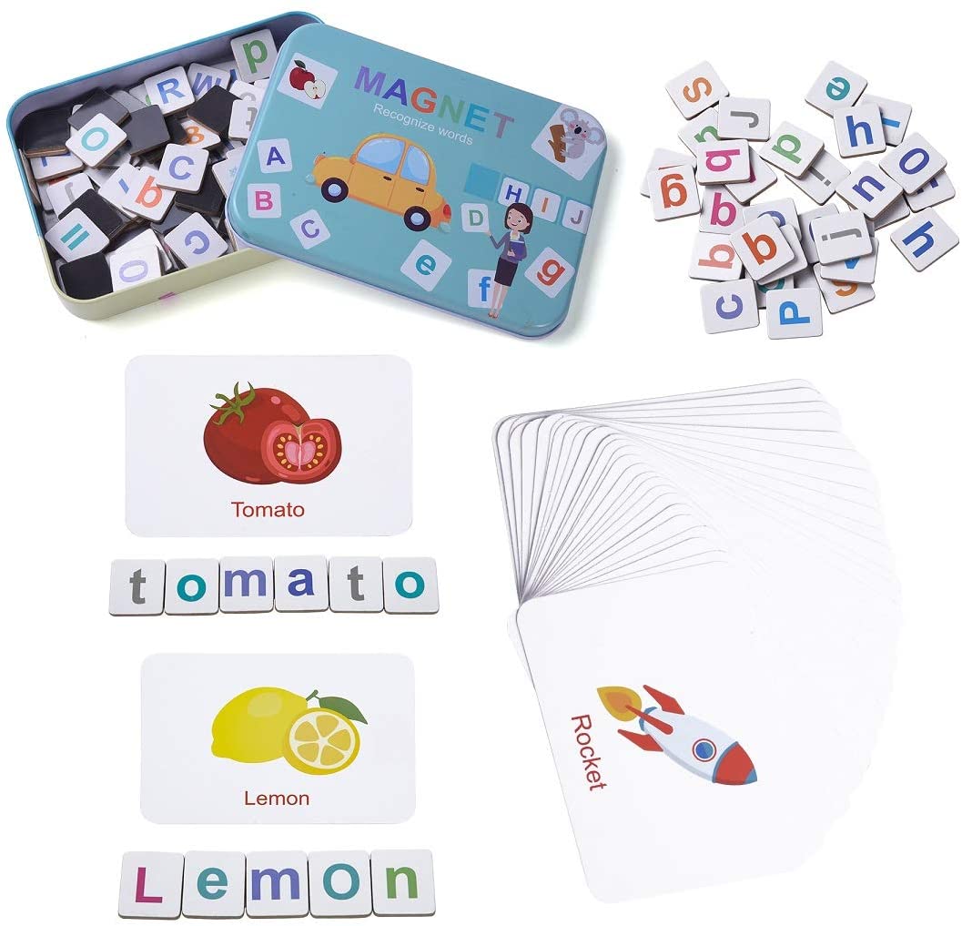 Magnetic Letters and Numbers education tin with flashcards