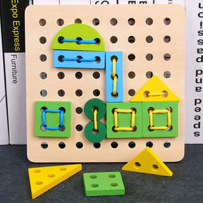 Fun Geometry Blocks Wooden Thread Board Jigsaw Toy Lacing Up