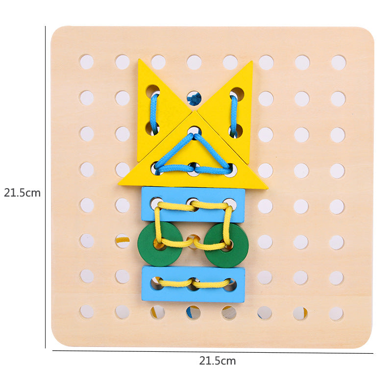 Fun Geometry Blocks Wooden Thread Board Jigsaw Toy Lacing Up